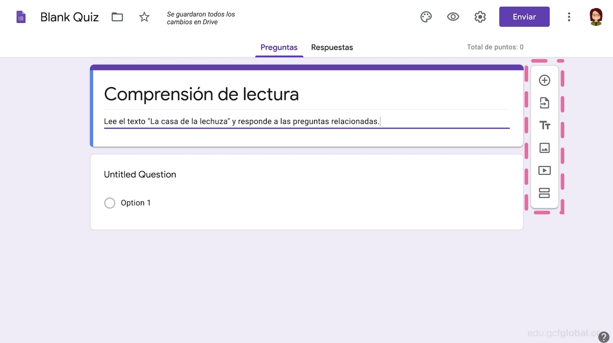 Opciones de preguntas y contenido para realizar examen en Formularios de Google.